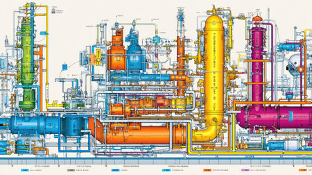 This detailed industrial system diagram showcases a colorful layout of complex process piping and equipment. Ideal for engineering and manufacturing illustrations.の素材