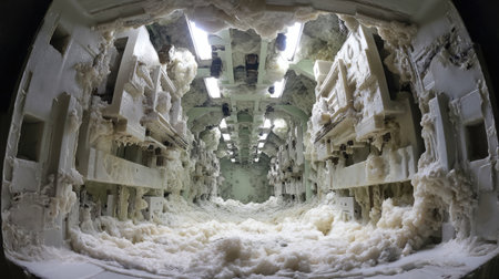 This captivating image captures the interior of an abandoned industrial space, enveloped in foam and debris, showcasing unique textures and lighting.の素材