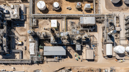 A captivating aerial image showcasing an industrial complex with intricate piping systems, storage tanks, and machinery. The photo captures the essence of large-scale manufacturing operations.の素材
