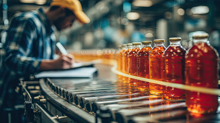 A dedicated worker monitors a beverage production line, writing observations about bottled orange liquid. The industrial environment showcases modern equipment and quality control practices vital for production efficiency.の素材