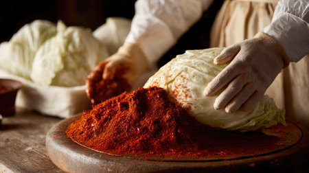 A close view of a person wearing gloves preparing cabbage with a vibrant red spice, showcasing the intricate process of traditional fermentation in a rustic kitchen.の素材
