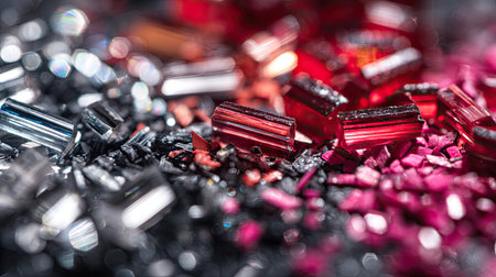 An artistic arrangement of vibrant crystals showcases a rich palette of colors, featuring shiny red, pink, and black gems, perfect for various creative designs.の素材