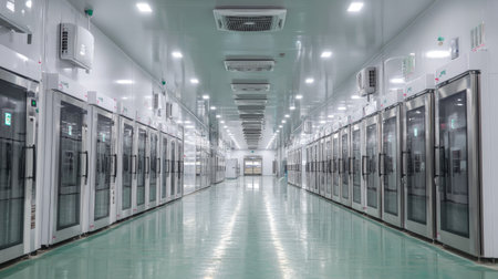 This image showcases a modern walk-in freezer storage facility featuring glass doors and a sleek, organized layout, ensuring efficient food preservation.の素材