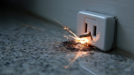 An electric outlet sparks dangerously against a damaged wall and shiny countertop. This image highlights the importance of electrical safety and hazard awareness.の素材