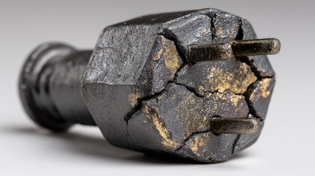 This image features a close-up of a broken electric plug with a metallic finish, showcasing its cracked surface and wear over time. Ideal for illustrating electrical safety and components.の素材
