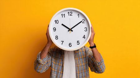 A creative image of a man holding a large round clock in front of his face, set against a bold yellow background, conveying themes of time and life.の素材