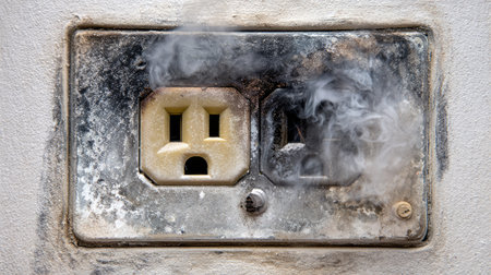 Close view of an overheated electrical outlet emitting smoke and showing signs of burning. The outlet presents a serious fire hazard and highlights the need for electrical inspection.の素材