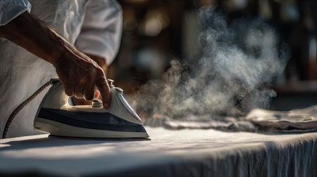 A close-up view of a hand carefully holding a steam iron over a shirt on a table, emitting steam, capturing the essence of household chores and care.の素材