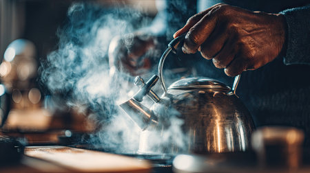 A close-up image capturing hands holding a metal kettle, releasing steam in a cozy kitchen. This evocative scene highlights the art of tea preparation, conveying warmth and relaxation.の素材