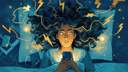 A captivating illustration of a young woman in bed, surrounded by lightning energy as she engages with her smartphone, embodying modern digital challenges.の素材