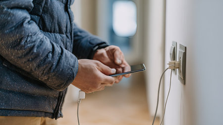 A person stands at a modern interior wall, connecting a smartphone to an electrical outlet. This relatable scene captures technology integration in daily life.の素材