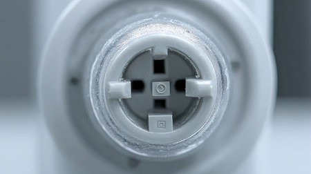 This close-up image captures the intricate details of an electrical socket, showcasing a smooth finish and unique pin arrangement in a modern setting.の素材