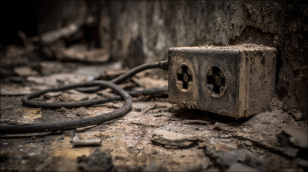 This image captures a dusty, aged electrical outlet located in an abandoned building. Surrounded by debris and dirt, it reveals themes of neglect, decay, and forgotten spaces.の素材