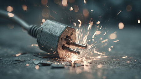 An electric plug lies on a dark surface, sparking dangerously. The image highlights the hazards associated with faulty electrical connections and sparks.の素材