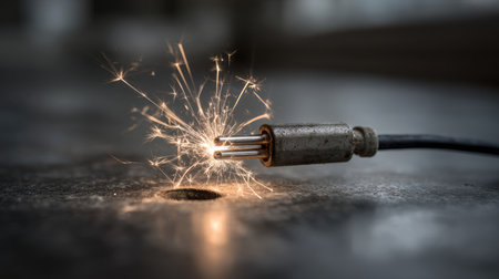 This image captures a close-up view of an electric spark erupting from a metal connector on a dark surface, highlighting industrial technology and energy dynamics.の素材