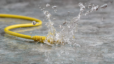 A dynamic splash of water erupts from a yellow electric cable resting on a wet surface, highlighting the interaction between liquids and power equipment. The scene captures the beauty and energy of this moment.の素材