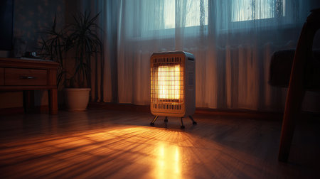 A peaceful indoor scene featuring a portable heater radiating warm light on a wooden floor, creating a cozy and inviting atmosphere perfect for relaxation.の素材