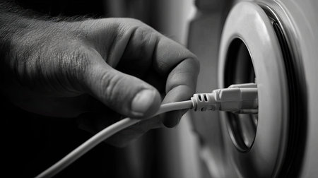 This black and white image captures a hand connecting an electric plug to a wall socket, showcasing the simplicity and importance of electrical connections in daily life.の素材
