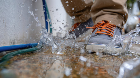 A person steps through puddles wearing grey sneakers with orange laces, creating playful splashes of water in an outdoor environment. The scene highlights joy in nature.の素材