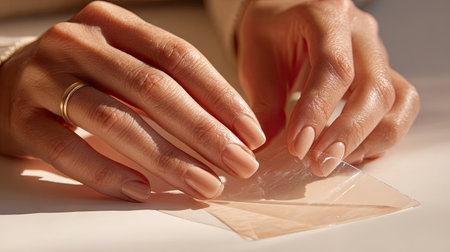 This image captures a serene moment featuring beautifully manicured nails gently holding a transparent sheet, illuminated by soft natural light. Perfect for beauty and lifestyle themes.の素材