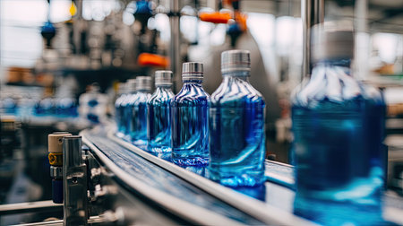 A focused view of blue bottles gliding along a conveyor belt in a modern beverage production facility, showcasing efficient manufacturing and hygiene practices.の素材