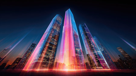 A stunning urban skyline at dusk, featuring modern skyscrapers illuminated by vibrant light trails. This artistic image showcases a dynamic city view, perfect for themes of technology and modern life.の素材