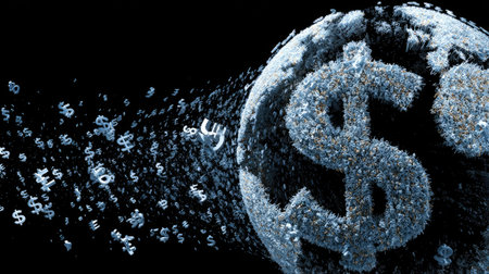 This captivating image showcases a globe made of currency symbols, emphasizing motion and dynamic energy within a dark backdrop, perfect for finance themes.の素材