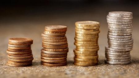 Close-up of various stacks of coins in bronze, gold, and silver, showcasing different values on a textured surface, symbolizing finance and wealth.の素材