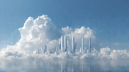 This captivating image showcases a futuristic city skyline rising above fluffy clouds, mirrored in tranquil waters, punctuated by an overlay of abstract graphs and data, symbolizing innovation and growth.の素材