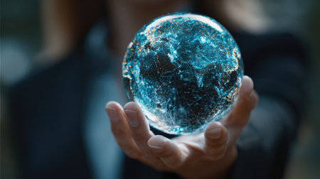 A professional individual gracefully holds a glowing globe that symbolizes global connectivity and technological advancement, representing the future of business interactions.の素材