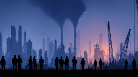 A striking silhouette of workers stands against an expansive industrial landscape, highlighting smoke rising from factories and cranes at dusk.の素材