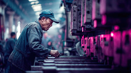 An industrious worker diligently operates machinery in a dimly lit industrial factory, highlighting the artistry of craftsmanship and human effort in production.の素材