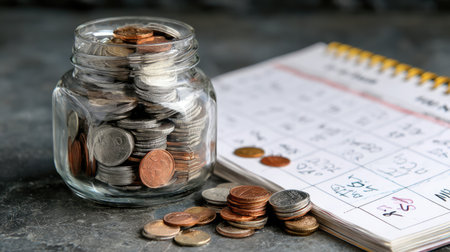 A glass jar filled with various coins sits beside a calendar, illustrating the importance of financial planning, budgeting, and saving strategies for everyday life.の素材