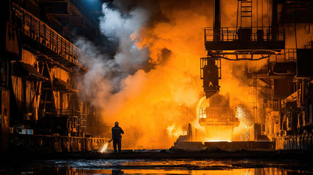 A powerful visual capturing an industrial scene during a furnace meltdown, showcasing a lone worker amidst dramatic flames and billowing smoke.の素材