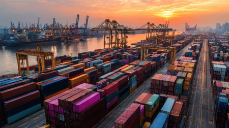 A stunning aerial view of a busy shipping port at sunset, featuring colorful cargo containers and industrial cranes, showcasing the essence of global trade.の素材