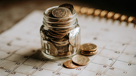 A beautifully captured image of a glass jar brimming with coins, placed on a calendar. This scene symbolizes the importance of saving and managing finances effectively.の素材