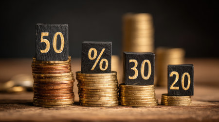 A visually appealing composition of stacked coins alongside blocks displaying percentages, symbolizing financial growth, investment strategy, and effective budgeting principles.の素材