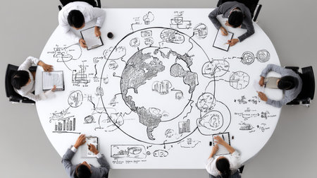 A diverse team engages in a collaborative meeting, sharing innovative ideas and strategies around a creatively designed world map on a white table.の素材