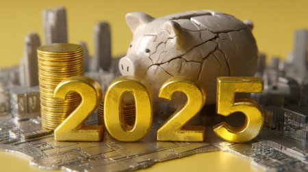 A cracked piggy bank next to stacks of gold coins symbolizes financial challenges and planning for the year 2025, highlighting the importance of savings.の素材