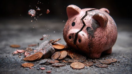 This striking image depicts a broken piggy bank spilling coins and dust, illustrating the challenges of saving and managing finances.の素材