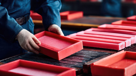 A dedicated worker carefully handling a vibrant red tray in an industrial setting. The image showcases the colors and textures involved in the production process.の素材