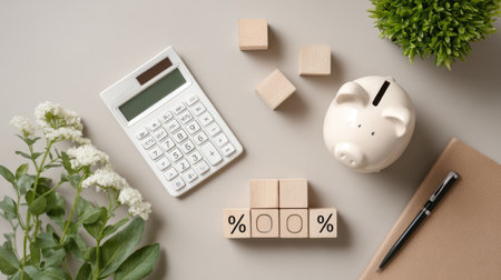 This image showcases essential financial planning tools including a calculator, piggy bank, and percentage symbols, ideal for budgeting and investment concepts.の素材