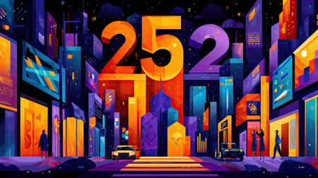 This captivating urban scene features a dynamic cityscape illuminated by vibrant neon lights and bold numbers, creating an enchanting evening atmosphere.の素材