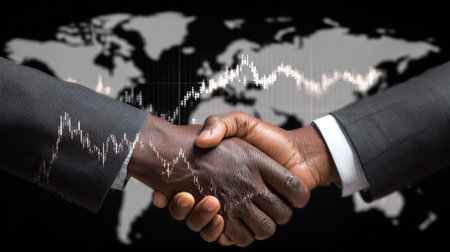 A powerful image depicting two professionals engaging in a handshake, symbolizing partnership and collaboration in a global market setting. The background features financial data trends, showcasing growth and the importance of teamwork in business.の素材