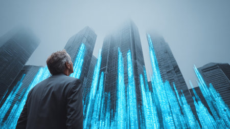 A businessman stands in awe, observing a futuristic city with towering skyscrapers shrouded in fog. Digital data projections illuminate the scene, symbolizing innovation and growth.の素材