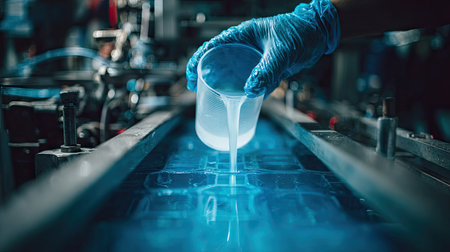 A focused image showcasing a worker wearing blue gloves pouring a clear liquid from a cup into industrial machinery, highlighting safety and precision in manufacturing.の素材