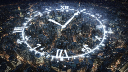 A stunning aerial view of a vibrant city at night with a clock overlay, symbolizing the passage of time against a backdrop of illuminated skyscrapers.の素材