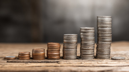 A captivating image showcasing various stacks of coins on a rustic wooden table, illustrating the concept of financial growth and investment success.の素材