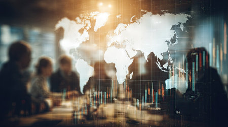 This image showcases a world map overlaid with financial data visualizations, symbolizing global business analytics in a dynamic corporate environment.の素材