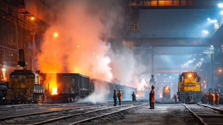 A vibrant industrial scene at night, showcasing workers in safety gear amidst glowing trains, billowing smoke, and illuminated factory areas.の素材